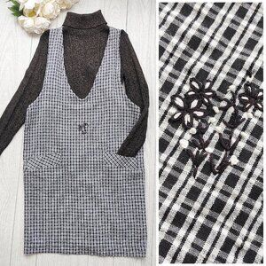 Vintage 90s Black Plaid Jumper Dress Cotton Maren Sport Hand-Embroidered M-L